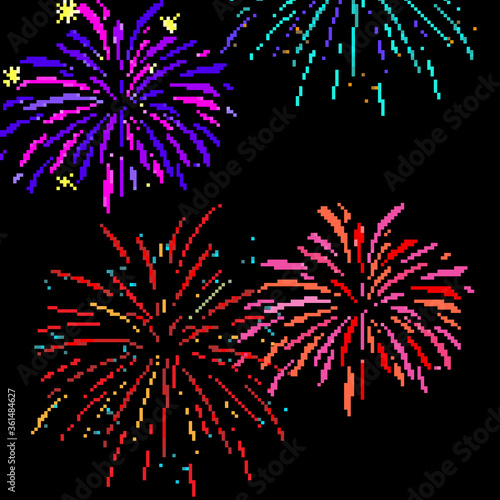 Pixel firework. Festive firework bursting. Pixel art 8 bit.