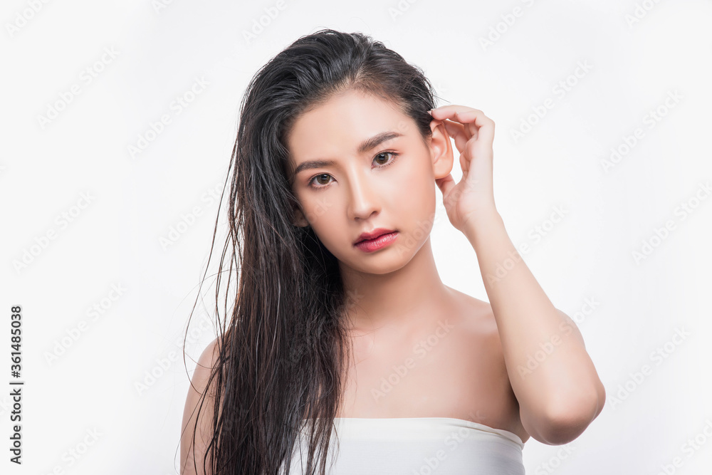 Women wore an island shirt and looked ahead on a white background. Women wore an island shirt and looked ahead on a white background.