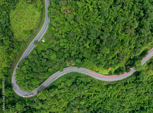 Road winding through forest from aerial drone 