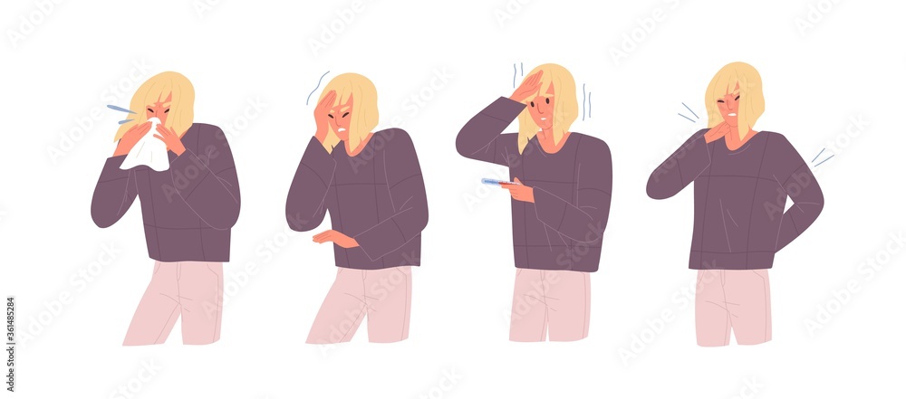 Set of unwell woman with influenza symptoms vector flat illustration. Female with headache and body stiffness, measuring temperature, blow nose isolated on white. Girl with respiratory disease Set of unwell woman with influenza symptoms vector flat illustration. Female with headache and body stiffness, measuring temperature, blow nose isolated on white. Girl with respiratory disease