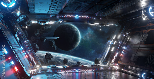 Fototapeta Naklejka Na Ścianę i Meble -  Blue and red futuristic spaceship interior with window view on planets 3d rendering