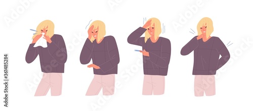 Set of unwell woman with influenza symptoms vector flat illustration. Female with headache and body stiffness, measuring temperature, blow nose isolated on white. Girl with respiratory disease