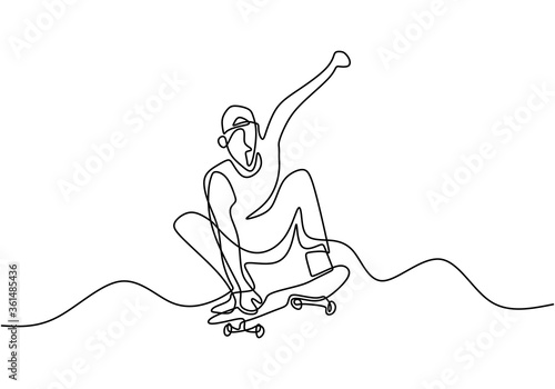 One single continuous line drawing of skateboard player. Young skateboarder man exercise riding skateboard at ramp board vector illustration. Extreme sport vector illustration theme