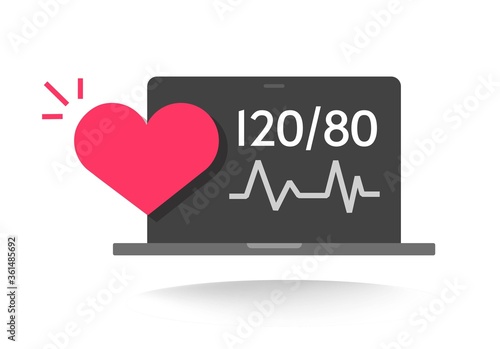 Healthcare check test on laptop computer online app tracker vector icon, heartbeat good blood pressure pulse cardiogram on pc flat cartoon illustration, medical cardiology beat technology concept