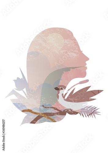 Double exposure of woman and nature
