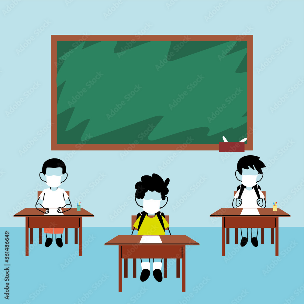 kids students wearing face mask in class, social distancing kids students wearing face mask in class, social distancing