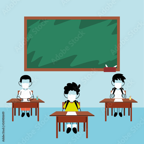 kids students wearing face mask in class, social distancing