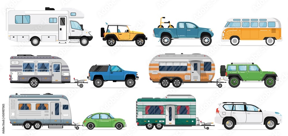 Camping caravan set. Travel car icons. Isolated RV camper, caravan, motorhome, van, camping trailer, automobile vector collection. Tourism transport recreational vehicle, mobile home, transportation - obrazy, fototapety, plakaty 