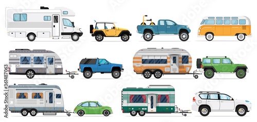 Camping caravan set. Travel car icons. Isolated RV camper, caravan, motorhome, van, camping trailer, automobile vector collection. Tourism transport recreational vehicle, mobile home, transportation