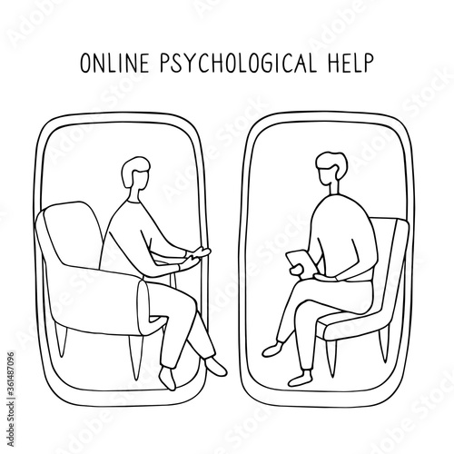 Man at the psychologist online session. Doctor consultation by phone. Video call to psychiatrist. Online psychological therapy. Hand drawn vector graphic