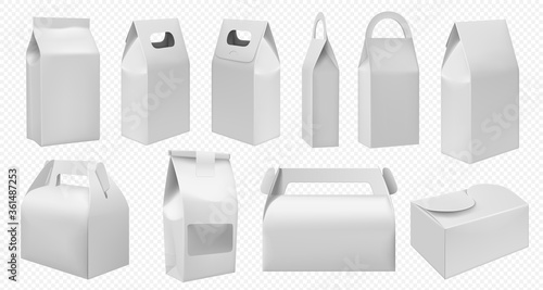 Box meal vector. Lunch box and food paper pack on transparent background. Fast food container mockup set. Take away package template. Blank handle carton box for breakfast vector illustration.