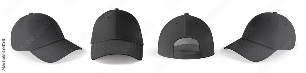 Cap mockup set. Isolated realistic black baseball cap hat templates. Front,  back and angle view of adult man caps mockup collection. Vector sport  uniform headwear clothing fashion mock up Stock Vector