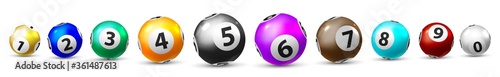 Bingo game balls. Isolated ten lottery ball icon set for leisure lottery sport game. Realistic shiny sphere bingo balls with numbers. Casino, luck opportunity in gambling