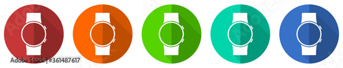 Smartwatch icon set, smart watch, red, blue, green and orange flat design web buttons isolated on white background, vector illustration