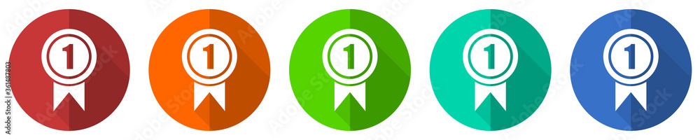 Victory icon set, first, winner, red, blue, green and orange flat design web buttons isolated on white background, vector illustration Victory icon set, first, winner, red, blue, green and orange flat design web buttons isolated on white background, vector illustration