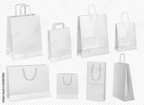 White paper bag template. Blank gift cardboard packet set isolated. Paper handle bag template for retail branding design. White pack front view mockup set.