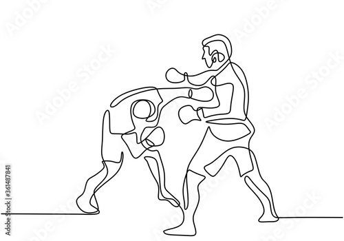 One line drawing or continuous line drawing of Taekwondo and Karate Training. Two young energetic man practice kick and hit in karate fighting technique. Martial art sport training concept