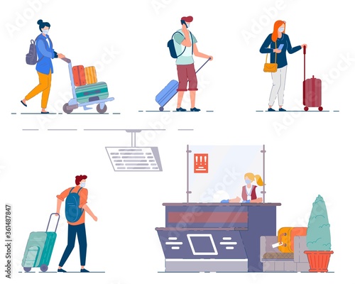 Airport terminal people. Men and women tourists carrying luggage bags and suitcases during coronavirus pandemic, airport terminal departure check-in desk. Traveler passenger people characters, tourism