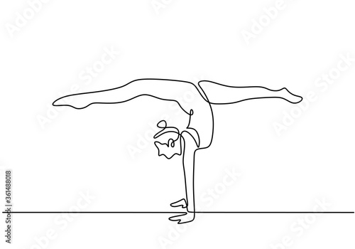 One line drawing of woman doing handstand. Young cute girl doing exercise and training standing with her hands isolated on white background. Minimalist style. Vector design illustration