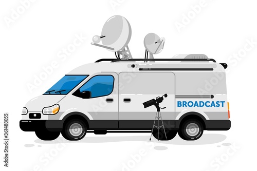 Broadcasting van. Isolated media broadcasting communication transport and video camera. Television channel van auto vehicle with satellite antennas press equipment for live breaking news broadcast