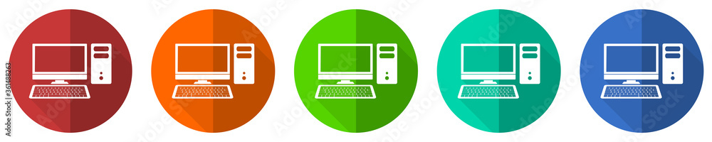 Computer, desktop icon set, red, blue, green and orange flat design web buttons isolated on white background, vector illustration Computer, desktop icon set, red, blue, green and orange flat design web buttons isolated on white background, vector illustration