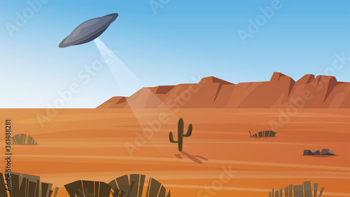 UFO. Flying saucer over the desert.