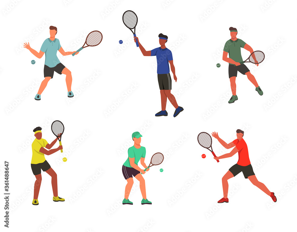 Young men play tennis. A set of flat characters isolated on a white background. Vector illustration