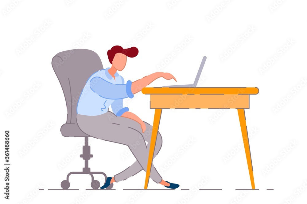 Fototapeta premium Bored worker. Isolated bored lazy business man worker cartoon character working and typing lazily on laptop computer at office desk. Vector laziness, boredom and boring work concept