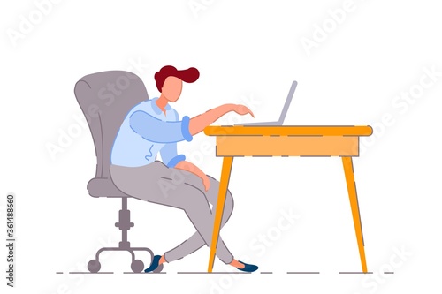 Bored worker. Isolated bored lazy business man worker cartoon character working and typing lazily on laptop computer at office desk. Vector laziness, boredom and boring work concept