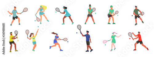 Young men and women play tennis. A set of flat characters isolated on a white background. Vector illustration