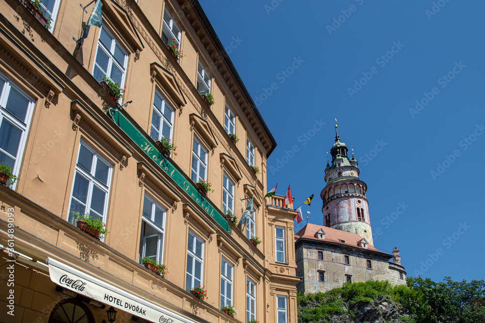 View of the beautiful tower of Cesky Krumlov Castle by the afternoon 