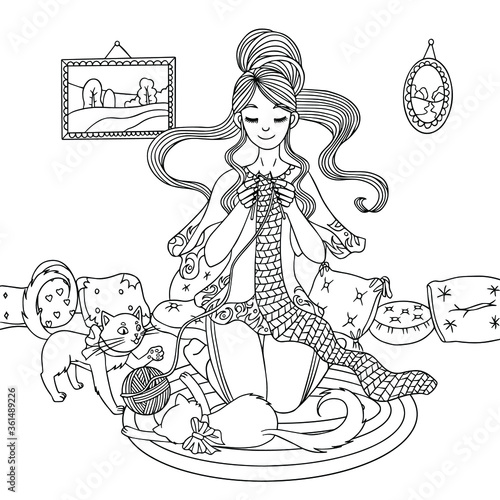 Girl knits a scarf at home with playing kittens. Coloring page. Self-isolation. Hygge line art. Vector outline illustration for coloring book for relaxing at home.