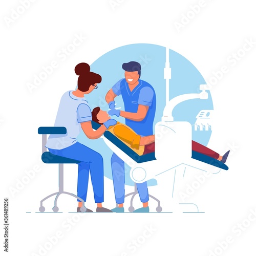 Dentist patient. Doctor specialist and assistant using tools, examining or treating patient teeth. Person in chair visiting dentist in dental clinic office. Stomatology, healthcare, dentistry concept