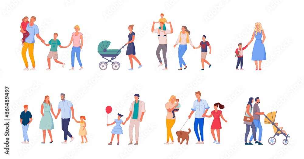 Walking family set. Happy family on walk set isolated on white background. Collection of mother, father and children spending time together. People bundle walking outdoor vector illustration