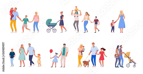 Walking family set. Happy family on walk set isolated on white background. Collection of mother, father and children spending time together. People bundle walking outdoor vector illustration