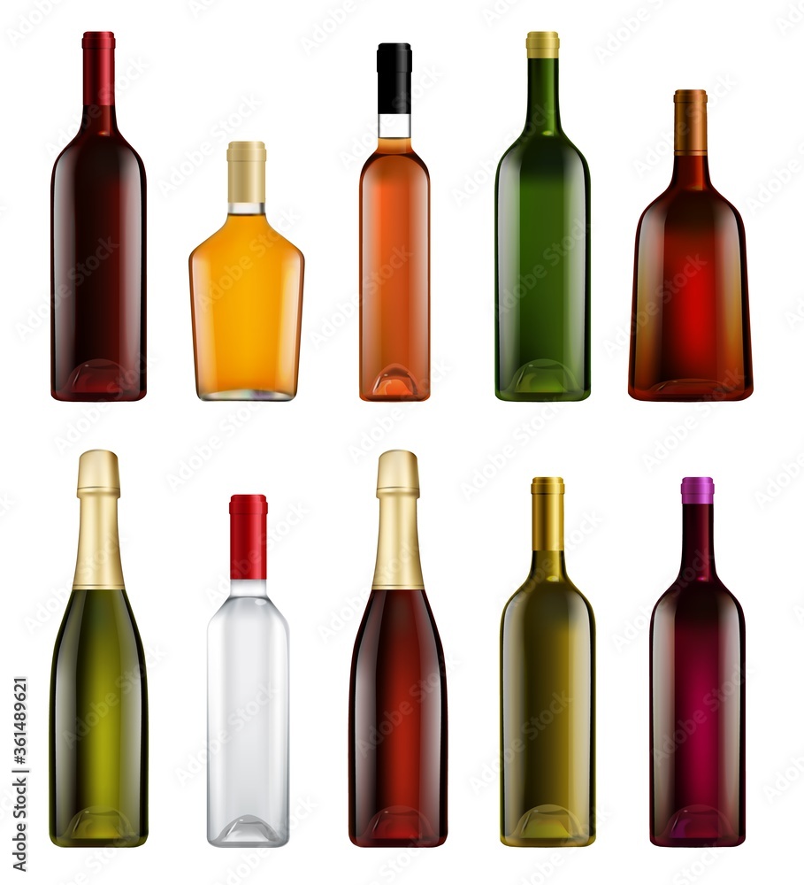 Alcohol bottle set. Realistic empty alcohol bottle template with place for brand label design. Vector glass container bundle for alcoholic bar beverage illustration. Isolated set on white background Alcohol bottle set. Realistic empty alcohol bottle template with place for brand label design. Vector glass container bundle for alcoholic bar beverage illustration. Isolated set on white background