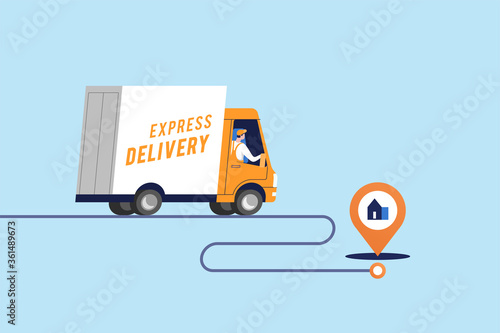 Express delivery services and logistics. Truck with man is carrying parcels on points. Vector illustration.
