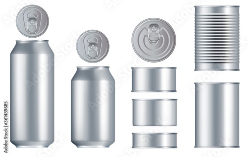 Can set. Steel tin can, metal lid set isolated on white background. Different size container bundle for drink, conserve food with place for brand design. Aluminum packaging mockup vector illustration