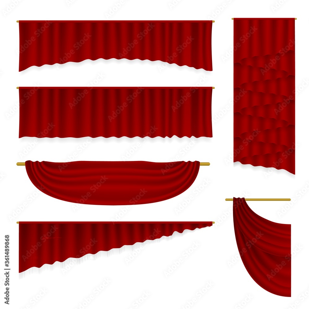 Stage curtains set. Isolated vector realistic velvet textile decoration