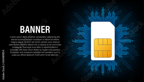 Sim card banner in abstract style on black background. Modern communication technology. Concept banner. Digital chip. Mobile phone wireless communication. Vector stock illustration.
