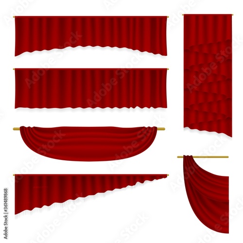 Stage curtains set. Isolated vector realistic velvet textile decoration pelmet drapery design collection. Luxury top border valance red curtains stage interior decor