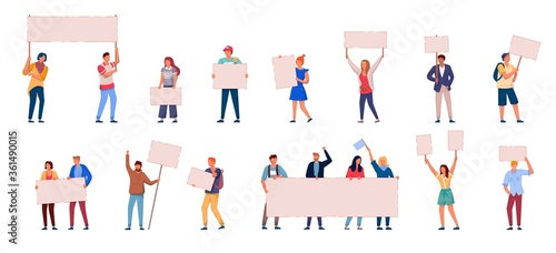 People protest. Crowd of protest people holding clean banner, placard set isolated on white background. Man and woman protester or activist group taking part in political meeting vector illustration