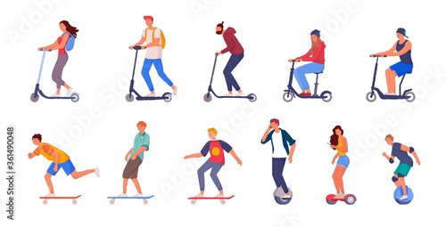 People riding set. People riding push-kick and electric scooter  monocycle  hoverboard  skateboard isolated on white background. Eco-friendly transport  sport and healthy lifestyle vector illustration