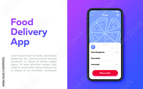 Order food, pizza online. Smartphone app design. Food delivery app. Mobile app templates, concept vector illustration flat design