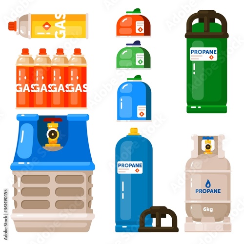 Gas container. Gas container icon set isolated on white background. Petroleum fuel in safety cylinder bundle vector illustration. Equipment for safe butane and propane, oxygen balloon