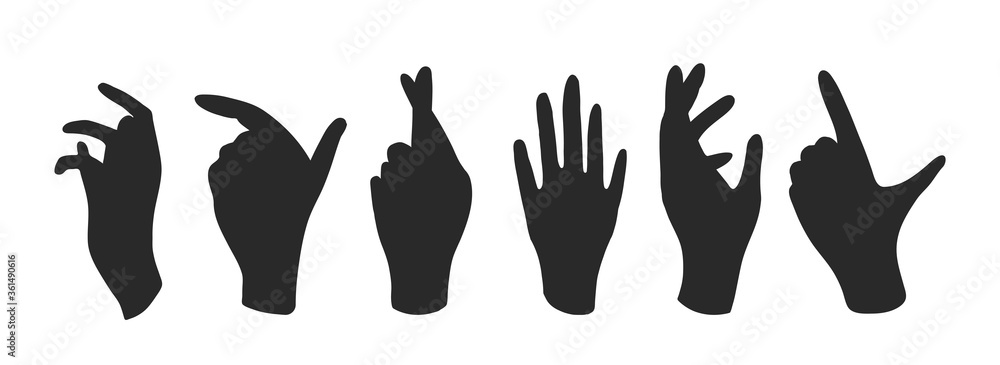 Vector set of black silhouettes of human hands on a white isolated background. Hand gestures and poses, hand silhouette, hand silhouette, palm silhouette, hands gestures silhouettes Vector set of black silhouettes of human hands on a white isolated background. Hand gestures and poses, hand silhouette, hand silhouette, palm silhouette, hands gestures silhouettes