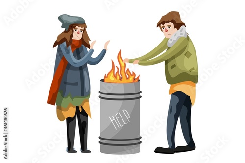 Illegal immigrant. Poor hungry character warm standing at metal barrel with burning fire isolated on white background. Illegal immigrant, homeless people or beggar in dirty clothes vector illustration