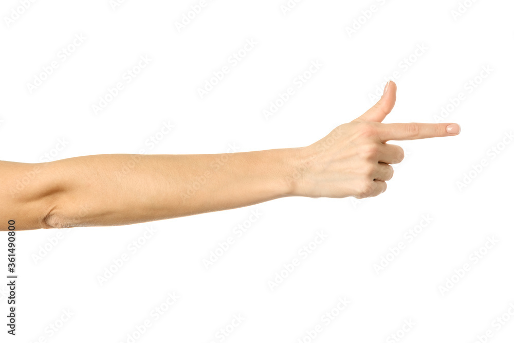 Pointing right. Woman hand gesturing isolated on white Pointing right. Woman hand gesturing isolated on white