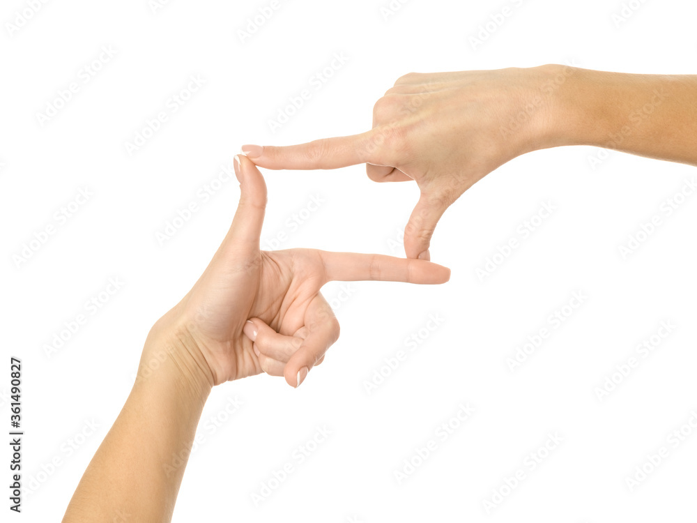 Hands framing. Woman hand gesturing isolated on white Hands framing. Woman hand gesturing isolated on white
