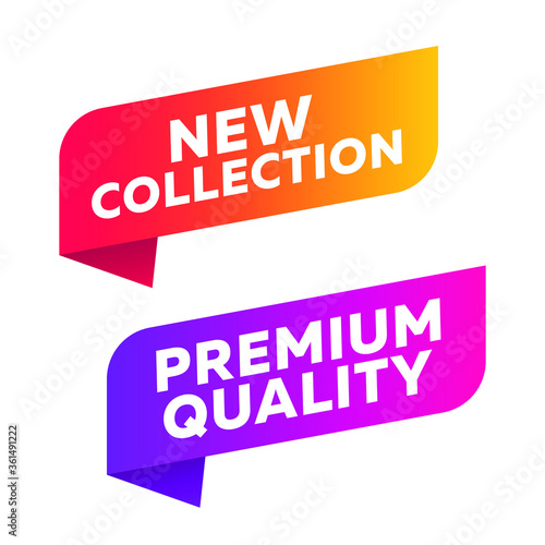 Colorful label new collection and premium quality. Web banner element. Vector illustration.
